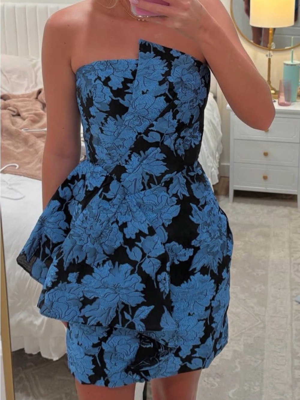 Elliatt Black Strapless Mini Dress with Blue Floral Appliqué